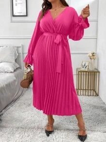 SHEIN Clasi Plus Flounce Sleeve Pleated Hem Belted Dress - Hot Pink - View 1