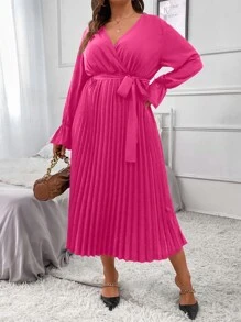 SHEIN Clasi Plus Flounce Sleeve Pleated Hem Belted Dress - Hot Pink - View 3