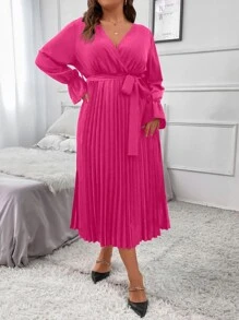SHEIN Clasi Plus Flounce Sleeve Pleated Hem Belted Dress - Hot Pink - View 4