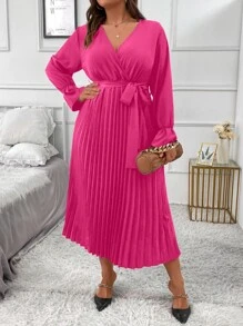 SHEIN Clasi Plus Flounce Sleeve Pleated Hem Belted Dress - Hot Pink - View 5