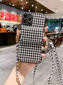 千鳥格印花皮夾式設計帶掛繩手機殼相容 15/15Pro/15Plus/15Promax - 黑與白 - 查看 4