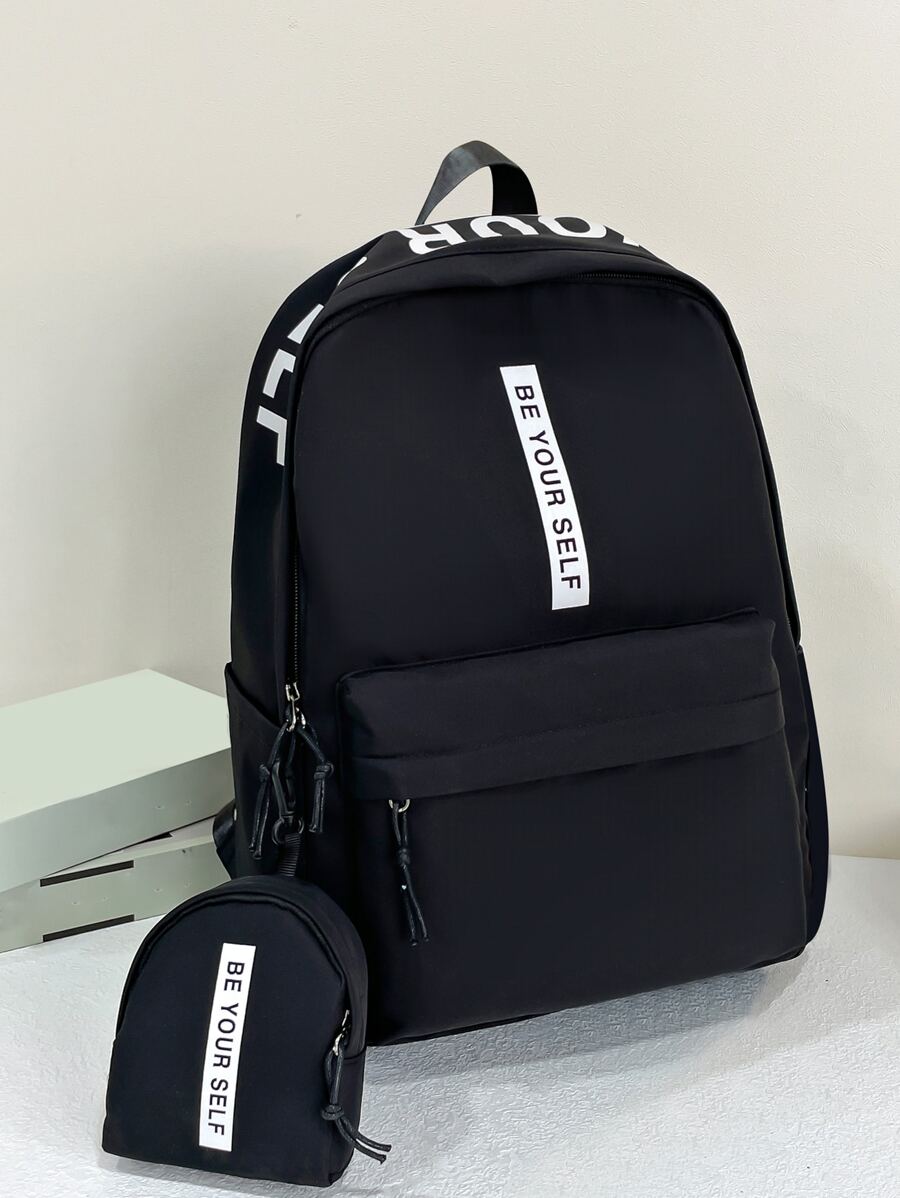 女孩字母圖案功能背包附錢包 - 黑色 - 查看 1