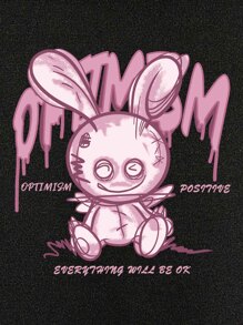 SHEIN EZwear Slogan & Cartoon Graphic Kangaroo Pocket Drawstring Thermal Hoodie - Black - View 6