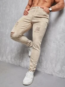 Manfinity NXTstreet 男士棉破洞抽鬚緊身牛仔褲 - 卡其色 - 查看 1