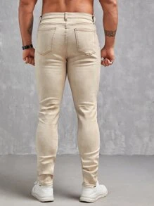 Manfinity NXTstreet 男士棉破洞抽鬚緊身牛仔褲 - 卡其色 - 查看 2