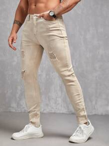Manfinity NXTstreet 男士棉破洞抽鬚緊身牛仔褲 - 卡其色 - 查看 3