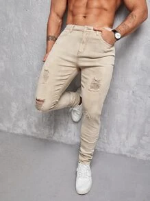 Manfinity NXTstreet 男士棉破洞抽鬚緊身牛仔褲 - 卡其色 - 查看 4