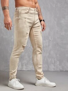 Manfinity NXTstreet 男士棉破洞抽鬚緊身牛仔褲 - 卡其色 - 查看 6
