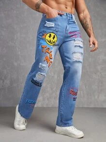 Manfinity Hombres Jeans de pierna recta expresión & con estampado de letra desgarro crudo - Lavado ligero - Ver 3