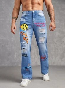 Manfinity Hombres Jeans de pierna recta expresión & con estampado de letra desgarro crudo - Lavado ligero - Ver 4