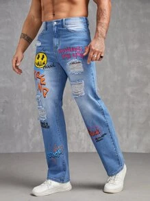 Manfinity Hombres Jeans de pierna recta expresión & con estampado de letra desgarro crudo - Lavado ligero - Ver 1