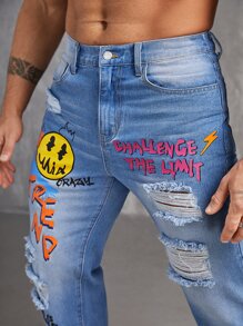 Manfinity Hombres Jeans de pierna recta expresión & con estampado de letra desgarro crudo - Lavado ligero - Ver 5