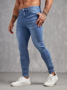 Manfinity VCAY 男士棉斜口袋緊身牛仔褲 - 中等水洗藍 - 查看 1