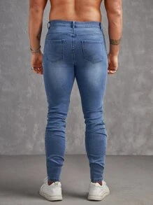 Manfinity VCAY 男士棉斜口袋緊身牛仔褲 - 中等水洗藍 - 查看 2