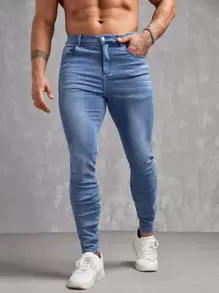 Manfinity VCAY 男士棉斜口袋緊身牛仔褲 - 中等水洗藍 - 查看 4