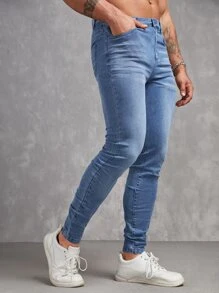 Manfinity VCAY 男士棉斜口袋緊身牛仔褲 - 中等水洗藍 - 查看 5