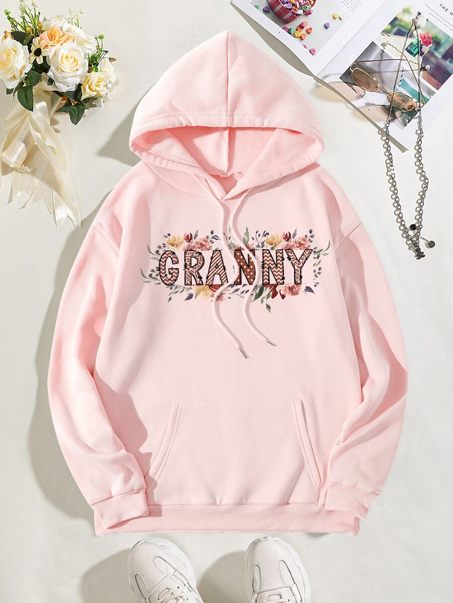 SHEIN Essnce Letter Graphic Drawstring Thermal Lined Hoodie - Baby Pink - View 1