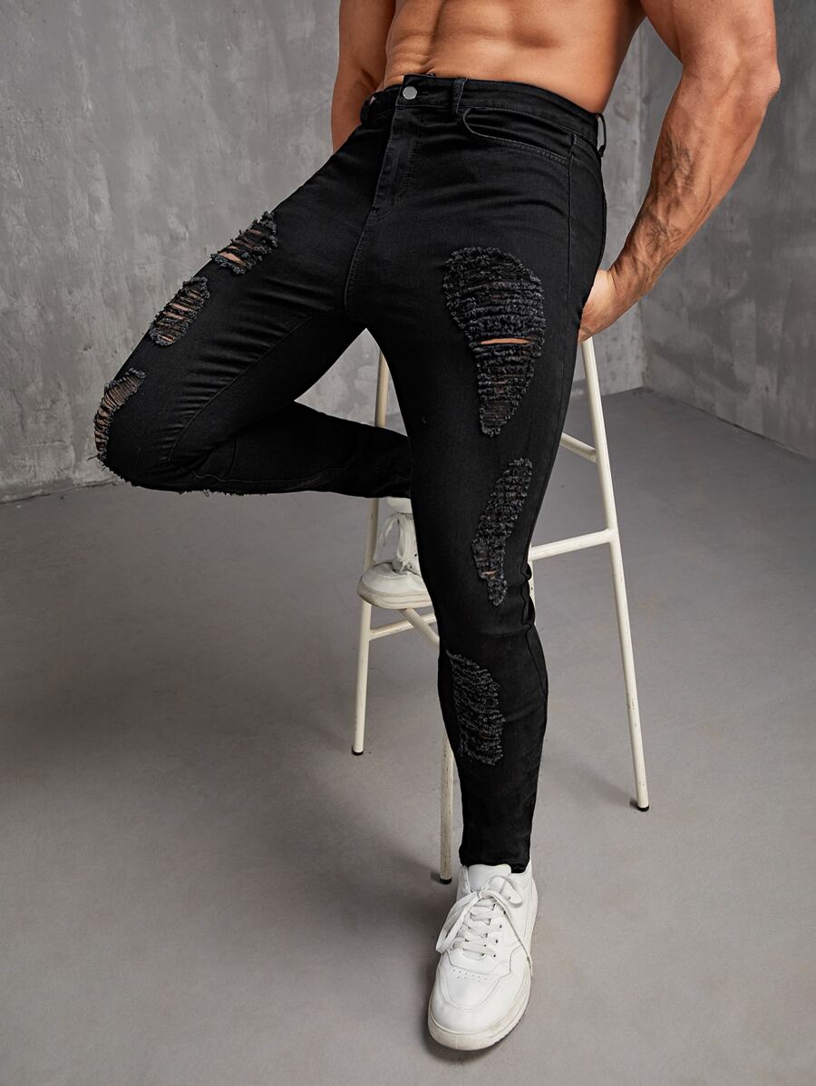 Manfinity VCAY Hombres Jeans ajustados desgarro algodón - Negro - Ver 1