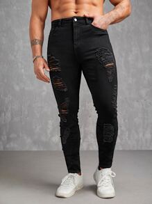 Manfinity VCAY Hombres Jeans ajustados desgarro algodón - Negro - Ver 3