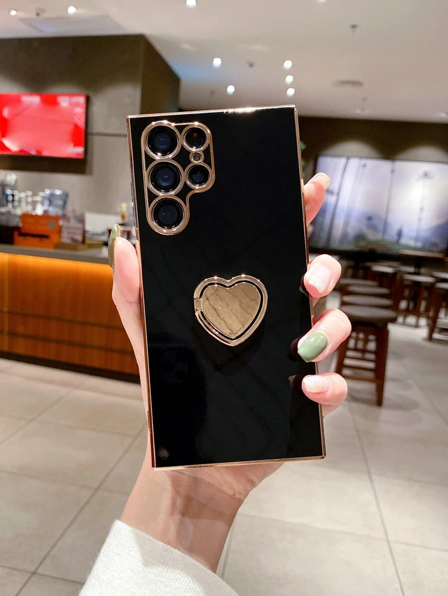 電鍍設計手機殼帶心環支架 - 黑色 - 查看 1