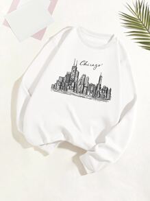 SHEIN EZwear Building & Letter Graphic Thermal Lined Sweatshirt - White - View 1