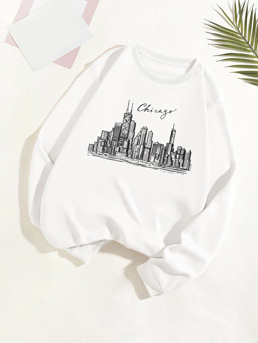 SHEIN EZwear Building & Letter Graphic Thermal Lined Sweatshirt - White - View 1