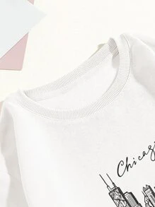 SHEIN EZwear Building & Letter Graphic Thermal Lined Sweatshirt - White - View 4