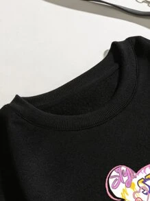 SHEIN EZwear Bear And Letter Graphic Thermal Lined Sweatshirt - Black - View 3