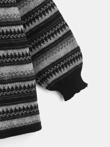 ROMWE Academia Geo Pattern Drop Shoulder Sweater - Black - View 3