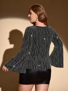 SHEIN Privé Plus Scoop Neck Glitter Tee - Black - View 2