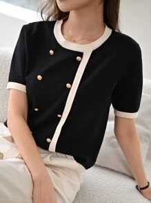 DAZY Contrast Trim Button Detail Knit Top,Fall Clothes