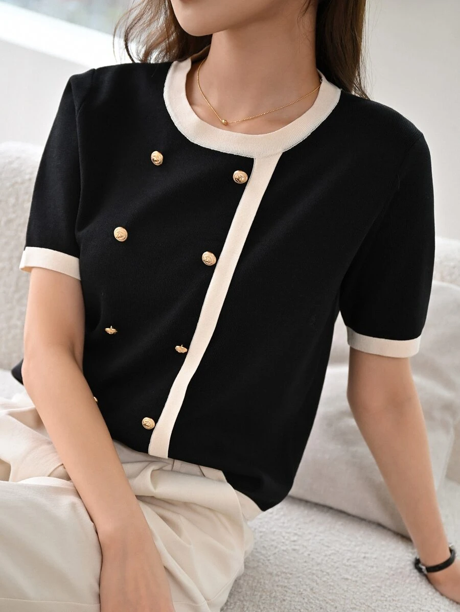DAZY Contrast Trim Button Detail Knit Top,Fall Clothes