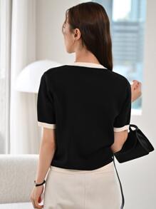 DAZY Contrast Trim Button Detail Knit Top,Fall Clothes