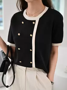 DAZY Contrast Trim Button Detail Knit Top,Fall Clothes