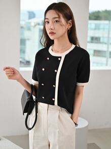 DAZY Contrast Trim Button Detail Knit Top,Fall Clothes