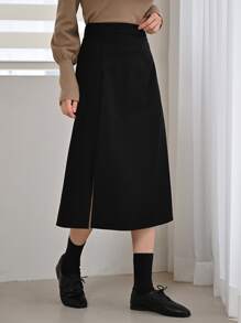 DAZY High Waist Split Hem Skirt - Black - View 1