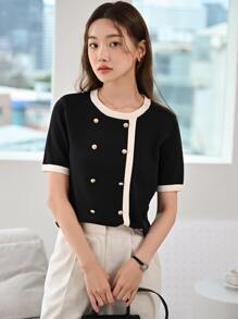 DAZY Contrast Trim Button Detail Knit Top,Fall Clothes