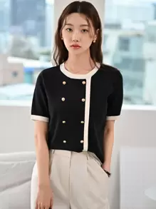 DAZY Contrast Trim Button Detail Knit Top,Fall Clothes