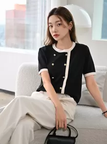 DAZY Contrast Trim Button Detail Knit Top,Fall Clothes