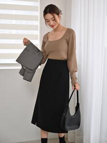 DAZY High Waist Split Hem Skirt - Black - View 9