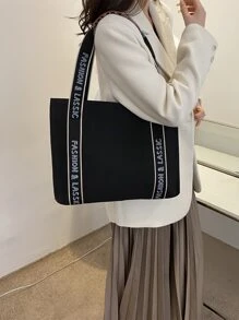 字母印花购物袋手提包、手提包、单肩包休闲、简约字母手提、大容量 适合女性、新手和白领人士、女孩、女士、大学生 礼品袋，非常适合办公室、工作、商务、通勤、购物 - 黑色 - 查看 2