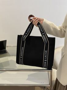字母印花购物袋手提包、手提包、单肩包休闲、简约字母手提、大容量 适合女性、新手和白领人士、女孩、女士、大学生 礼品袋，非常适合办公室、工作、商务、通勤、购物 - 黑色 - 查看 5