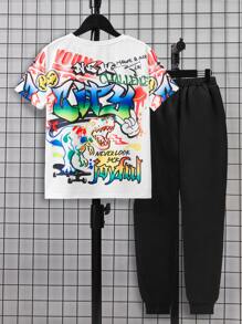 SHEIN Tween Boy Dinosaur & Letter Graphic Tee & Sweatpants - Multicolor - View 1