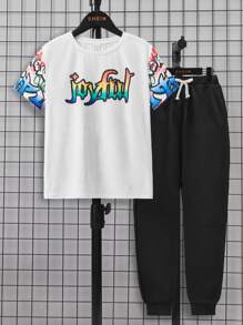 SHEIN Tween Boy Dinosaur & Letter Graphic Tee & Sweatpants - Multicolor - View 2