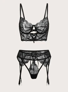 ROMWE Goth 3pack Floral Lace Cut Out Garter Lingerie Set - Black - View 5