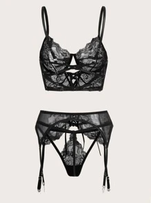 ROMWE Goth 3pack Floral Lace Cut Out Garter Lingerie Set - Black - View 2