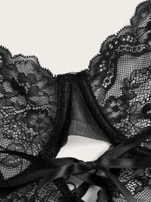 ROMWE Goth 3pack Floral Lace Cut Out Garter Lingerie Set - Black - View 3