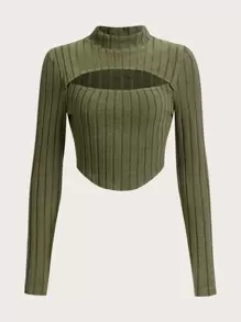 SHEIN EZwear Cut Out Front Mock Neck Crop Tee - Army Green - View 1