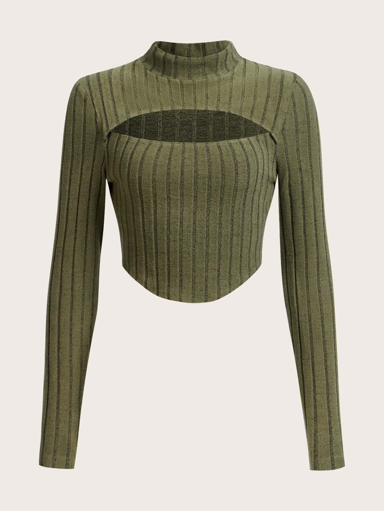 SHEIN EZwear Cut Out Front Mock Neck Crop Tee - Army Green - View 1