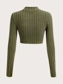 SHEIN EZwear Cut Out Front Mock Neck Crop Tee - Army Green - View 2